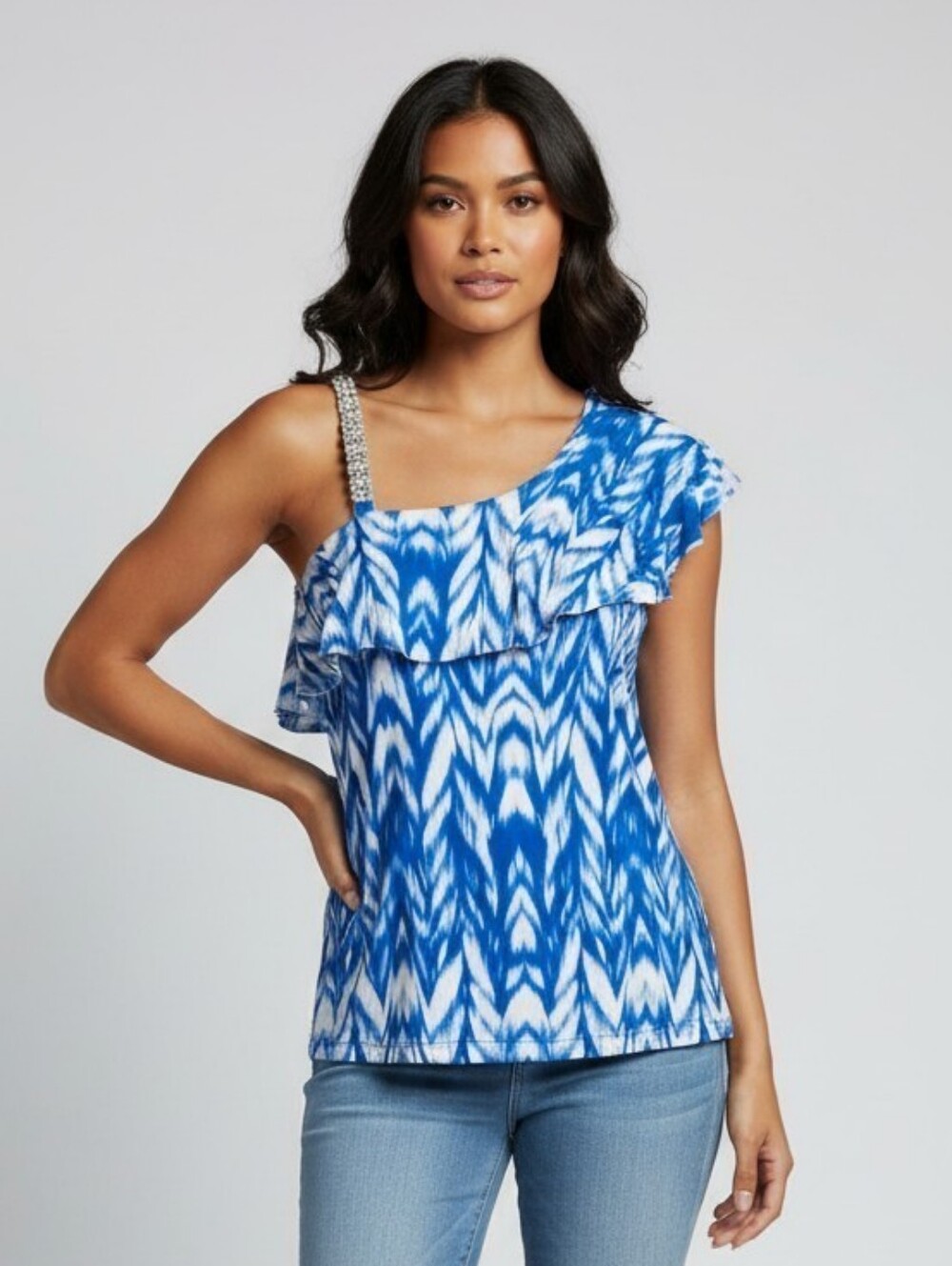Blue One-Shoulder Ruffle Tank Top with Embellished Strap